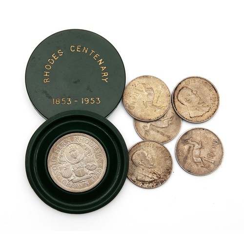 671 - A SILVER RHODES CENTENARY COIN AND OTHERS