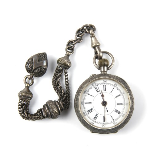 933 - A SILVER POCKET WATCH AND SHORT CHAIN