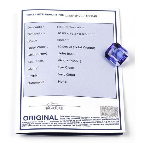 157 - A CERTIFIED TANZANITE, 19.96 CARATS