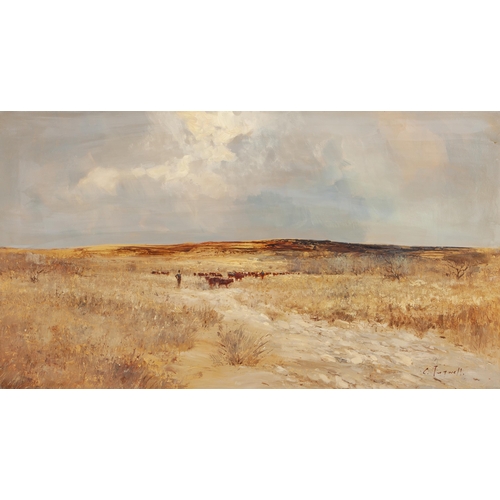 593 - Christopher Tugwell (South African 1938 - 2021) CATTLE IN A DRY LANDSCAPE