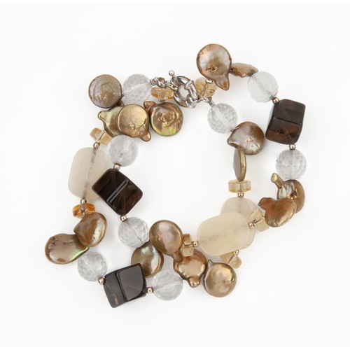 585 - SMOKEY QUARTZ, CRYSTAL QUARTZ, CITRINE, CALCITE AND PEARL DOUBLE ROW BRACELET