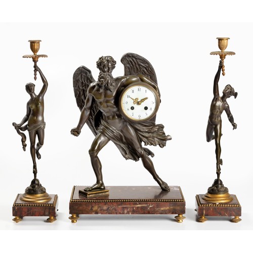 172 - A FRENCH PATINATED AND GILT BRONZE FIGURAL CLOCK GARNITURE, MARTI ET CIE, LATE 19TH CENTURY