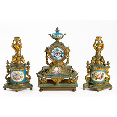 177 - A GILT-METAL AND PORCELAIN CLOCK GARNITURE, J.B. BEGUIN, PARIS