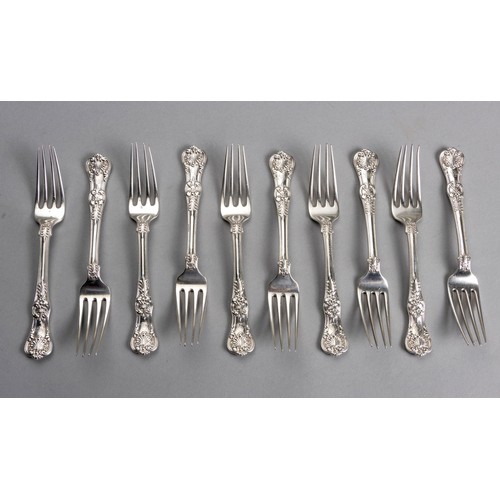 677 - AN AMERICAN SILVER SET OF TEN QUEEN'S PATTERN DESSERT FORKS, TIFFANY AND CO