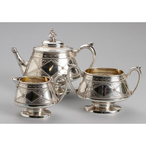 600 - A VICTORIAN SILVER THREE PIECE TEA SERVICE, ELKINGTON AND CO, LONDON, 1872