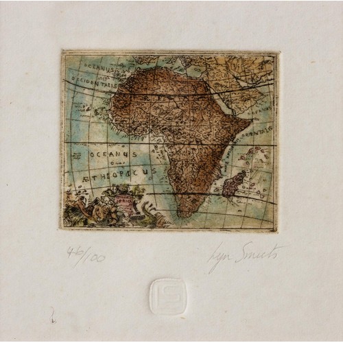 376 - Lyn Smuts (South African 1951 - ) MINIATURE MAP OF AFRICA WITH LINES OF LONGITUDE; MINIATURE MAP OF ... 