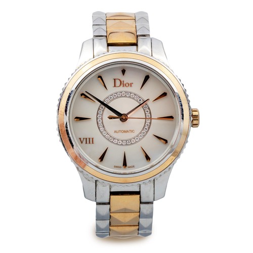 553 - A LADIES STAINLESS STEEL AND GOLD WRISTWATCH, DIOR VIII