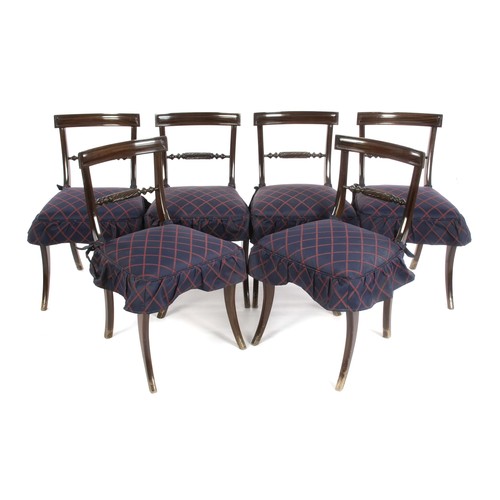 388 - A SET OF SIX MAHOGANY AND UPHOLSTERED DINING CHAIRS, MODERN