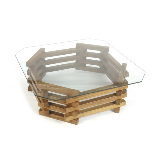 389 - A FRUITWOOD AND GLASS COFFEE TABLE, MODERN