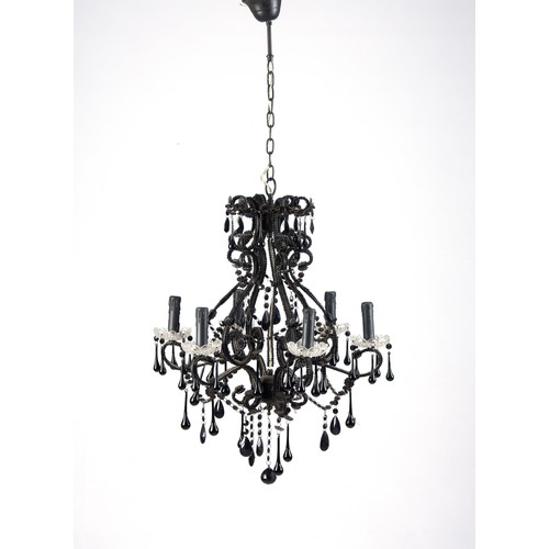 858 - A BLACK GLASS SIX-LIGHT CHANDELIER