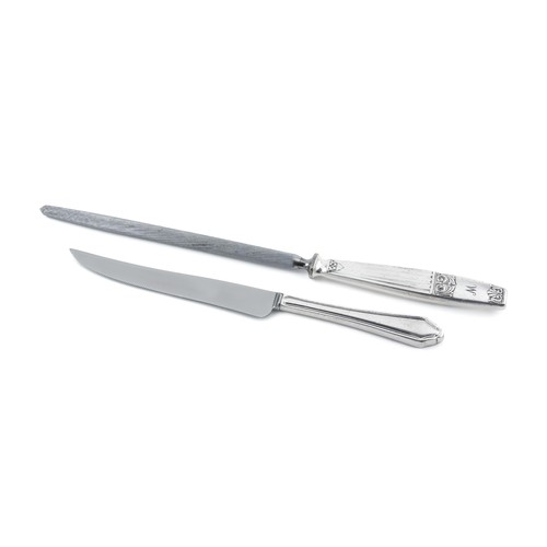 963 - AN ELECTROPLATE CARVING KNIFE AND STEEL