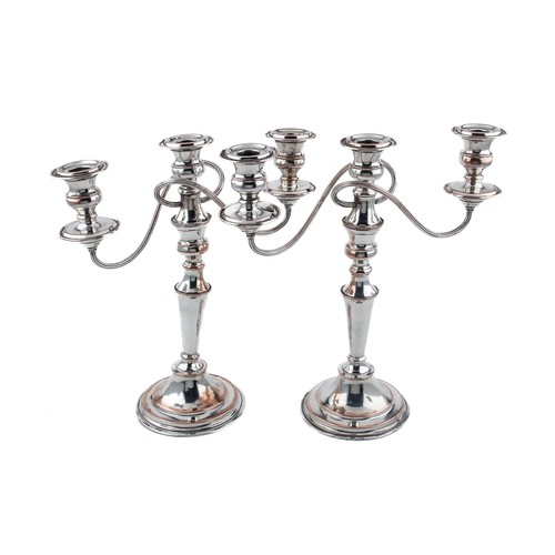 977 - A PAIR OF SILVER PLATE THREE LIGHT CANDELABRA, LONDON, 20TH CENTURY