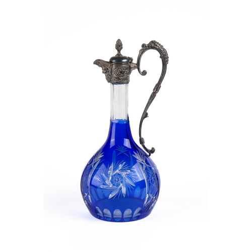 849 - AN ANTIQUE VICTORIAN BLUE GLASS AND SILVER-PLATED CLARET JUG