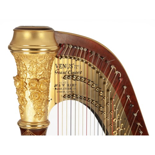 346 - A VENUS MAHOGANY AND GILTWOOD CONCERT GRAND HARP, W&W HARP MANUFACTURING CO, CHICAGO, ILLINOIS