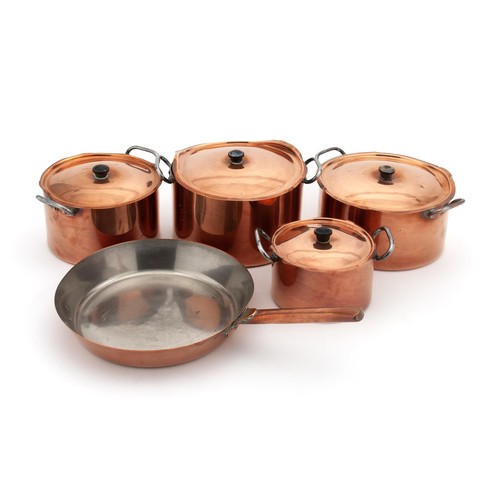 239 - A SET OF FOUR COPPER POTS AND A COPPER PAN