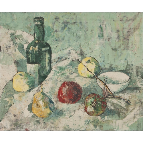 522 - George Enslin (South African 1919 - 1972) STILL LIFE WITH BOTTLE AND FRUIT