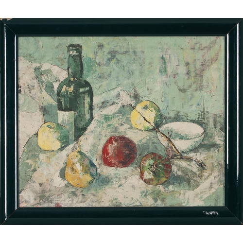 522 - George Enslin (South African 1919 - 1972) STILL LIFE WITH BOTTLE AND FRUIT