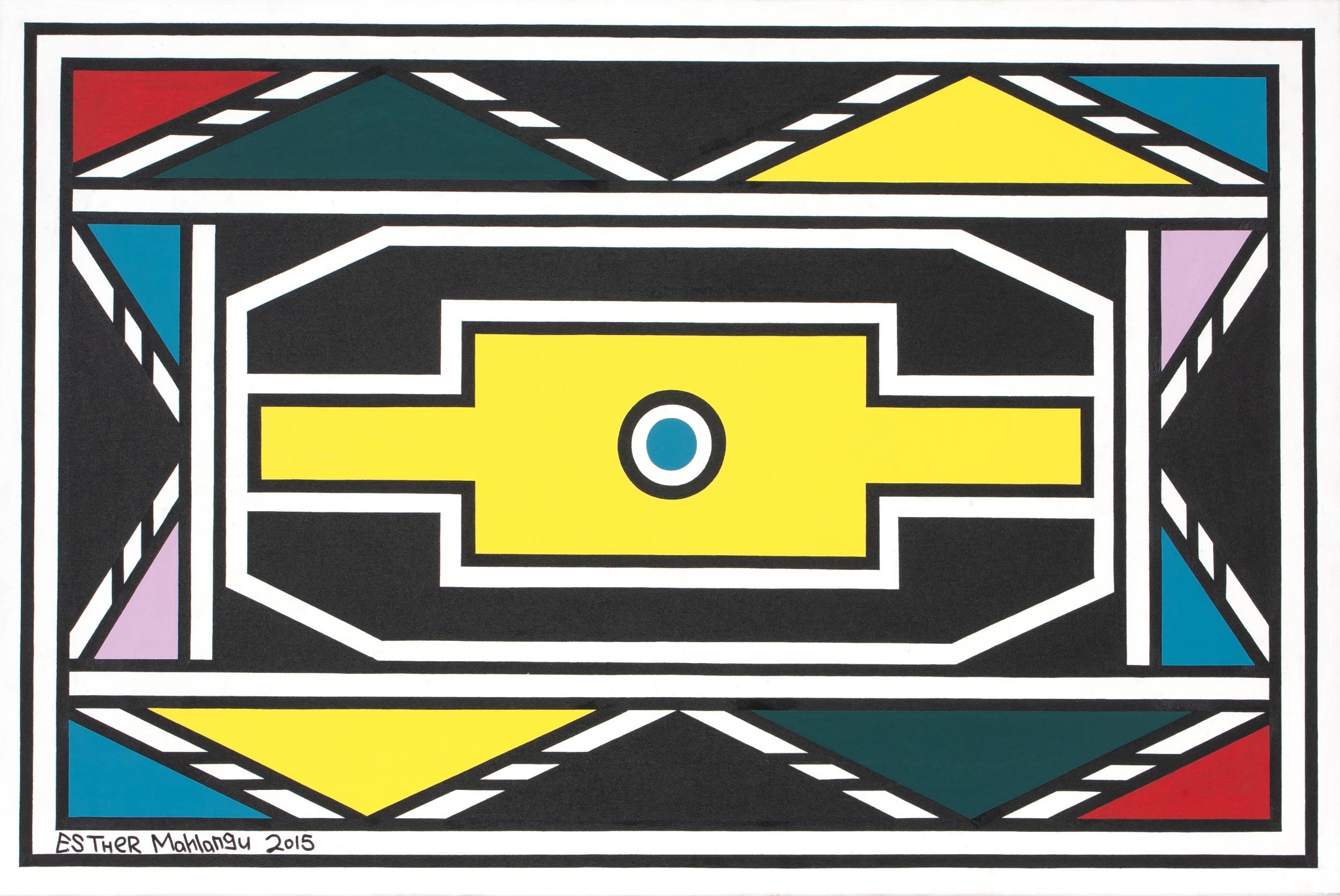 Esther Mahlangu South African 1935 Ndebele Pattern With Yellow Blue And Lilac