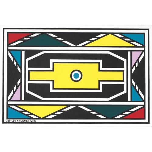 Esther Mahlangu (South African 1935 - ) NDEBELE PATTERN WITH YELLOW, BLUE AND LILAC