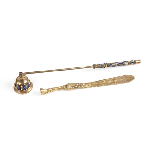 54 - A BRASS LETTER OPENER AND A DECORATED CANDLE SNUFFER