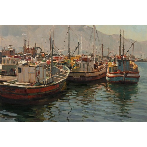 388 - Dino Paravano (South African 1935 - ) BOATS IN A HARBOUR