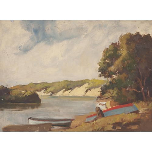 385 - Johan (Johannes) Oldert (South African 1912 - 1984) ROWING BOATS BESIDE LAKE