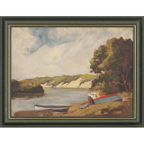 385 - Johan (Johannes) Oldert (South African 1912 - 1984) ROWING BOATS BESIDE LAKE