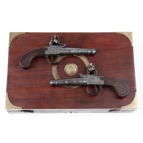24 - A BRASS BOUND MAHOGANY CASED PAIR OF FLINTLOCK DUELLING PISTOLS, LATE 19TH CENTURY