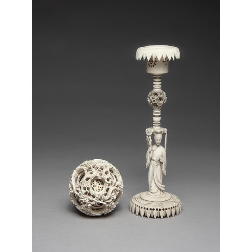 744 - A CHINESE MARINE TUSK PUZZLE BALL-ON- STAND, EARLY 20TH CENTURY