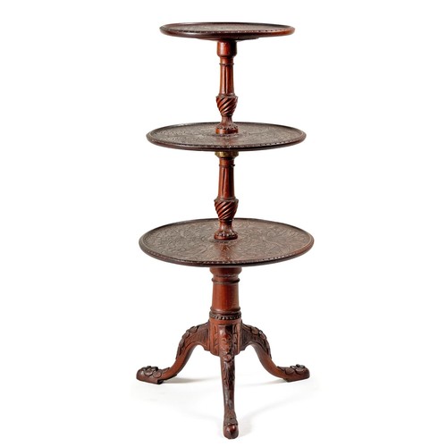 335 - A MAHOGANY THREE TIERED STAND