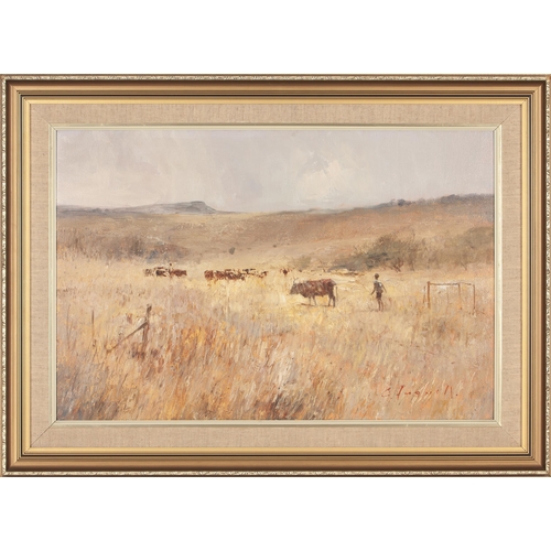 1334 - Christopher Tugwell (South African 1938 - 2021) CATTLE HERDER IN THE FIELD