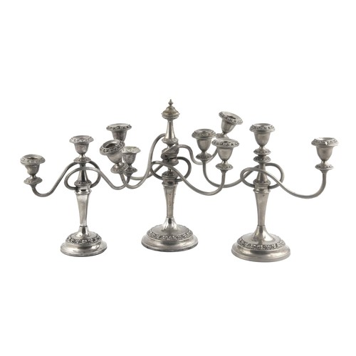 836 - A SET OF THREE SILVER-PLATE CANDELABRAS, LANTHRE ENGLAND, 20TH CENTURY