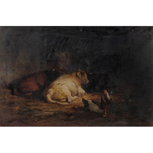 452 - Joseph Denovan Adam (British 1842 - 1896) COWS AND CHICKENS IN A BARN