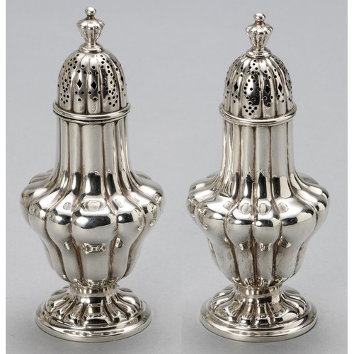 630 - A PAIR OF GEORGE V SILVER SUGAR CASTERS, EDWARD BARNARD AND SONS LTD, LONDON, 1912