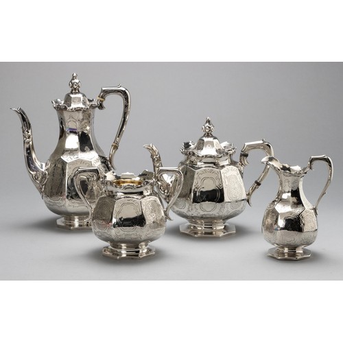 607 - A VICTORIAN SILVER FOUR-PIECE TEA AND COFFEE SERVICE, JOSEPH ANGELL II, LONDON, 1852