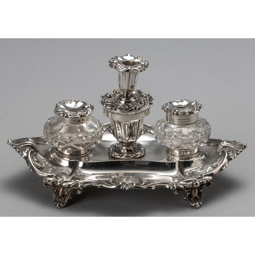 612 - A VICTORIAN GLASS AND SILVER MOUNTED INKSTAND, HENRY WILKINSON AND CO, SHEFFIELD, 1870