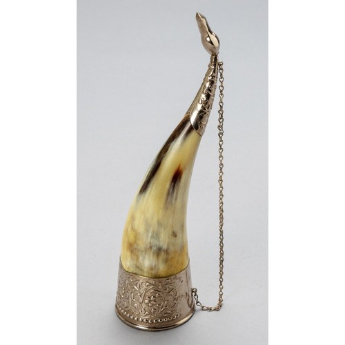 647 - A SILVER MOUNTED DRINKING HORN, MAKER'S MARK RUBBED