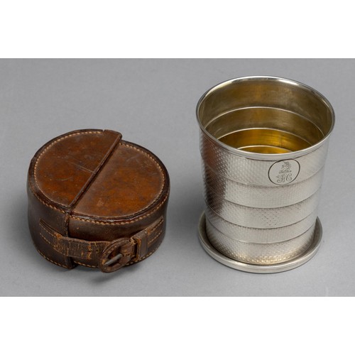 609 - A VICTORIAN LEATHER CASED COLLAPSABLE SILVER PICNIC TUMBLER, JOHN HARRIS, LONDON, 1857