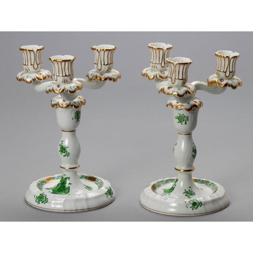 749 - A PAIR OF THREE LIGHT APPONYI GREEN PATTERN CANDELABRAS, HEREND HVN GARY