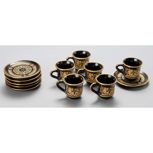 754 - A SET OF SIX HAND PAINTED 24 CARAT GOLD ESPRESSO CUPS AND SAUCERS, V STAKIES