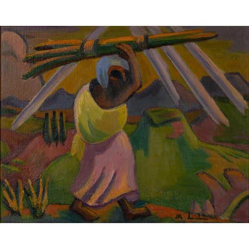 445 - Maggie (Maria Magdalena) Laubser (South Africa 1886 - 1973) WOOD CARRIER IN A LANDSCAPE WITH BEAMS