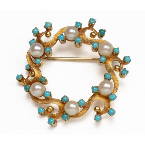 874 - A PEARL AND TURQUOISE BROOCH