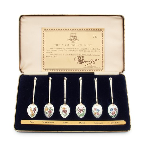 642 - AN ELIZABETH II CASED SET OF ENAMELLED SILVER TEASPOONS, BIRMINGHAM MINT, 1978