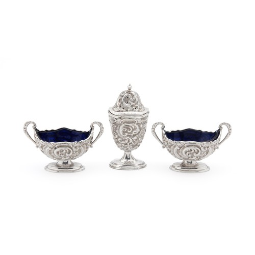 616 - A PAIR OF VICTORIAN SILVER SALTS AND A PEPPERETTE, HENRY MATTHEWS, BIRMINGHAM, 1896