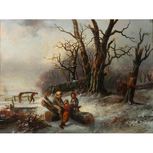 1322 - Alexis de Leeuw (Belgian 1822 - 1900) WINTER LOGGING SCENE