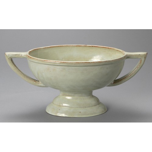 764 - A LINN WARE CREAM-GLAZED TWO-HANDLED PEDESTAL JARDINIERE AND ROSE