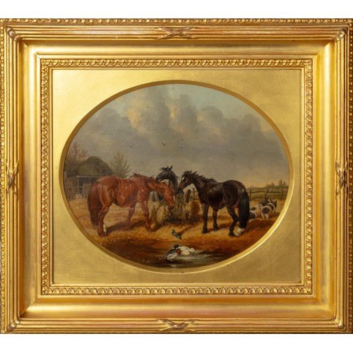 1318 - Unattributed Artist (European School 19th Century) HORSES EATING HAY IN THE FARMYARD