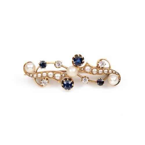 872 - A DIAMOND, PEARL AND SAPPHIRE BROOCH