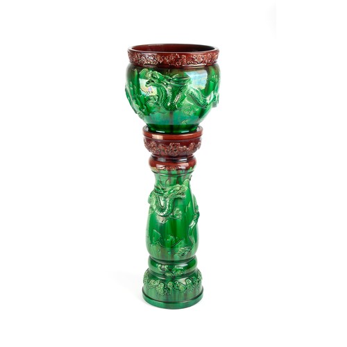 106 - A MINTON-STYLE GREEN-GLAZED JARDINIERE ON STAND