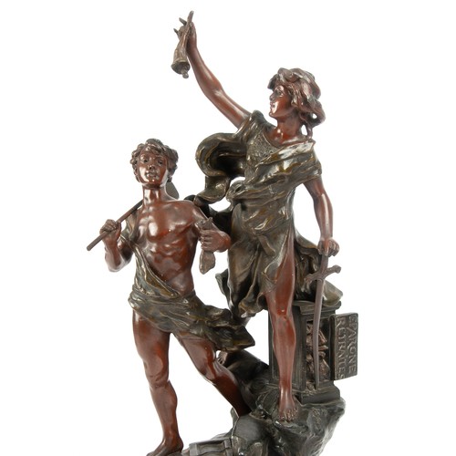 804 - A SPELTER GROUP OF A MALE AND FEMALE FIGURE HOLDING IMPLEMENTS